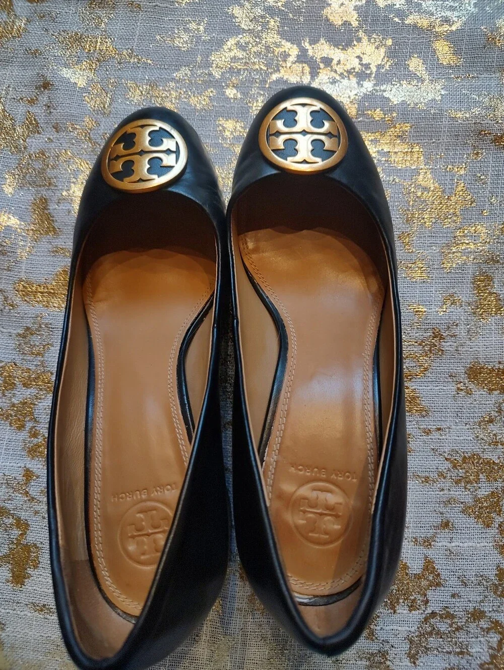 Tory Burch Black Leather Heels with Gold Logo Medallion